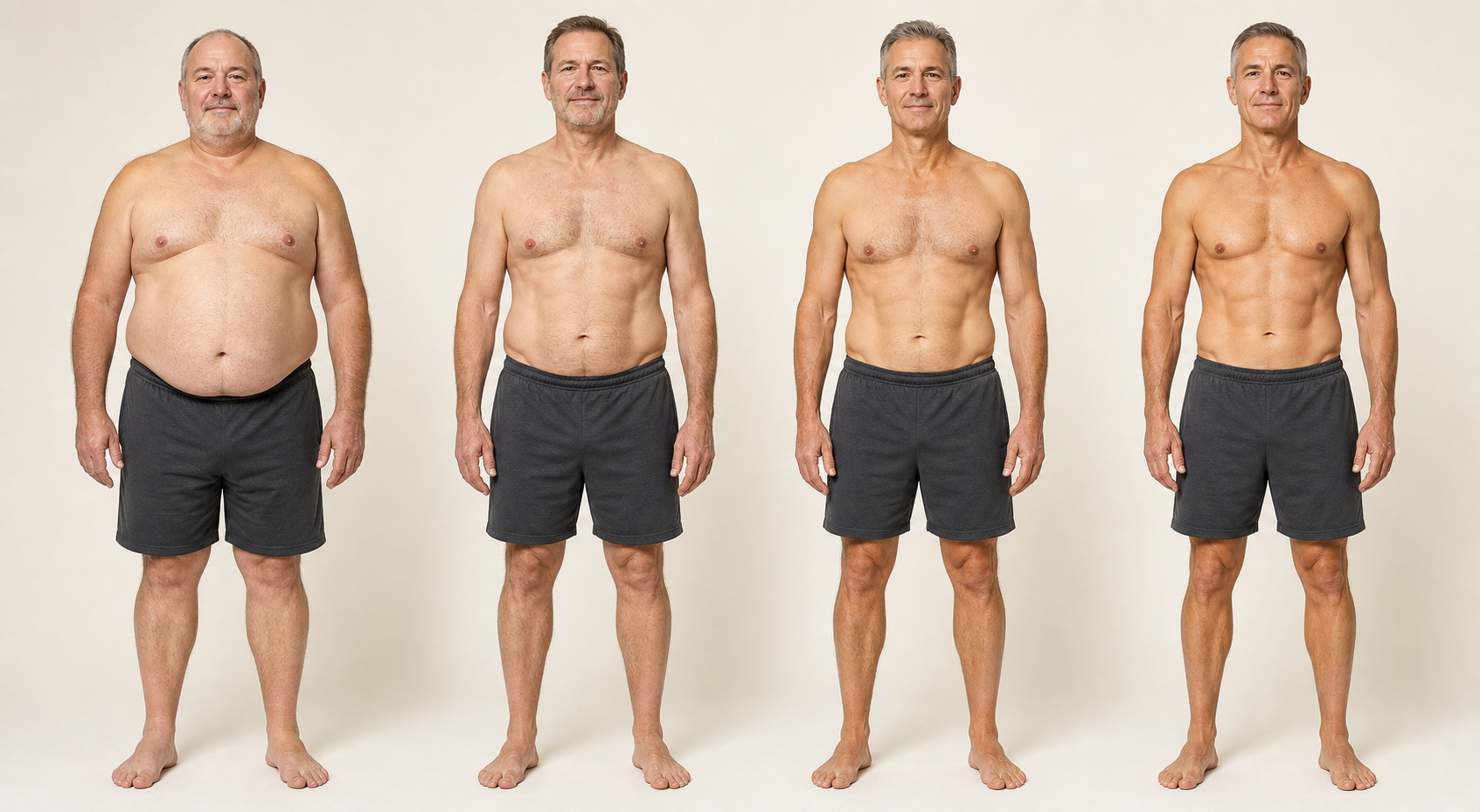 Representative men over 50 at approximately 35, 25, 20 and 15 percent body fat