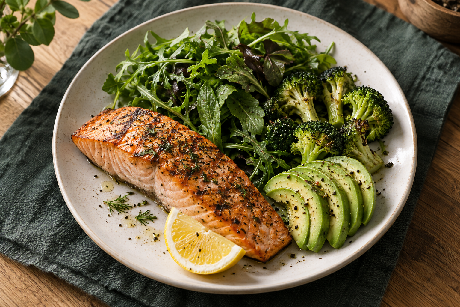 Illustrative balanced meal with fish and vegetables